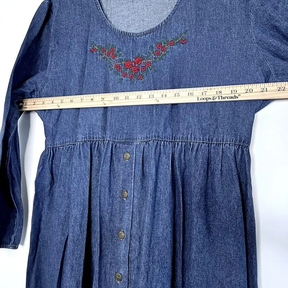 Studio West Denim Dress Embroidered Floral Cottagecore Maxi long sleeve one size - Picture 4 of 10
